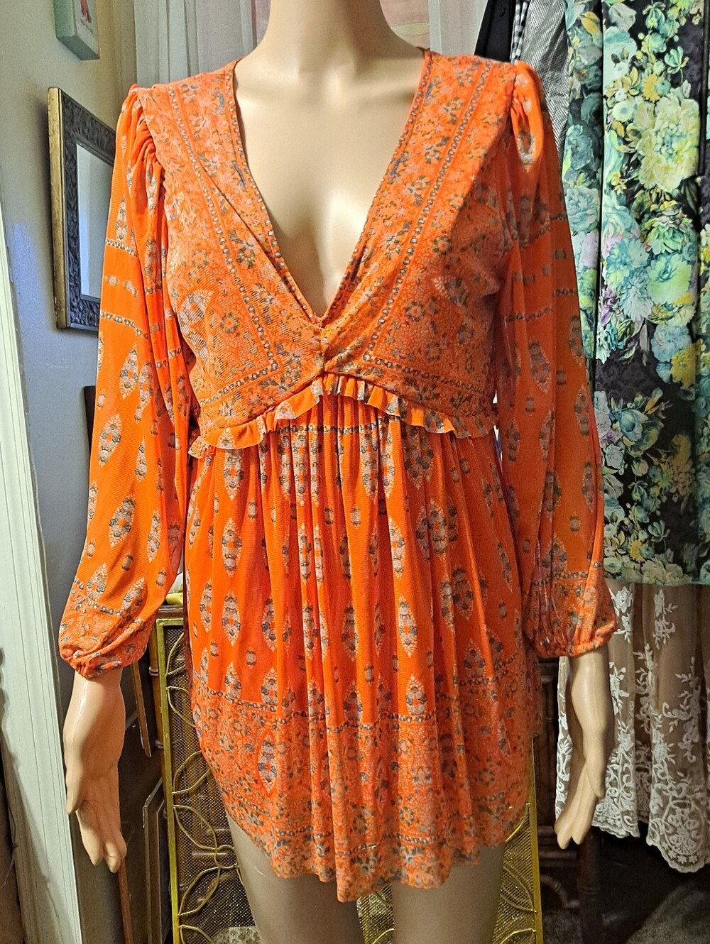 Rose + Olive Orange Boho V-Neck Long Sleeve Top
